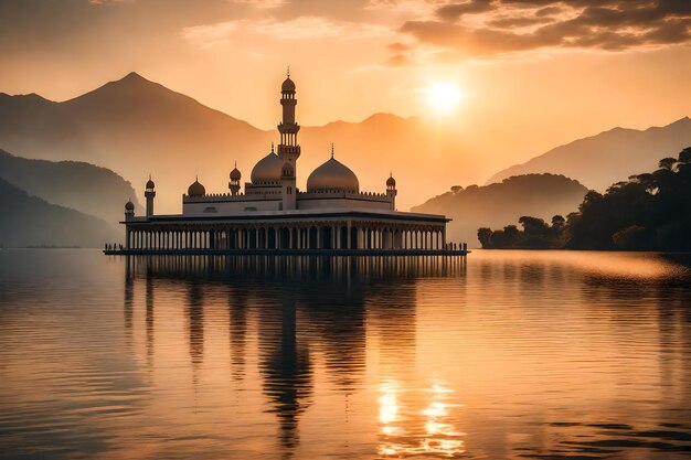 Una moschea al centro di un lago con il sole che tramonta dietro di essa