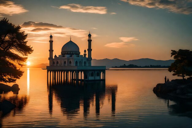 Una moschea al centro di un lago con il sole che tramonta dietro di essa