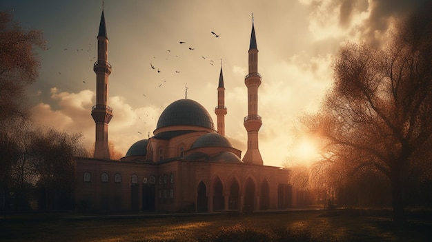 Una moschea al tramonto con gli uccelli che volano intorno.