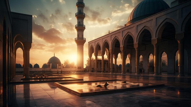 Una moschea al tramonto con un cielo nuvoloso e il sole alle spalle