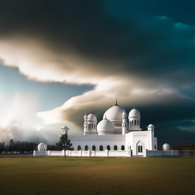 Una moschea bianca con una grande nuvola sullo sfondo