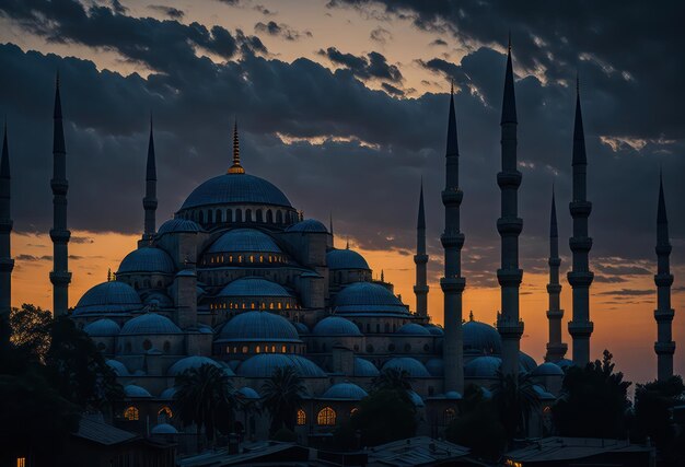 Una moschea blu a Istanbul al tramonto