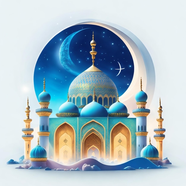 Una moschea blu con la luna e le stelle sullo sfondo