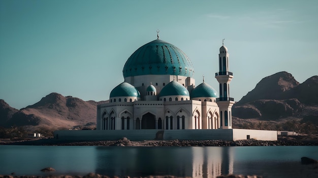 Una moschea blu con una cupola verde in mezzo all'acqua.