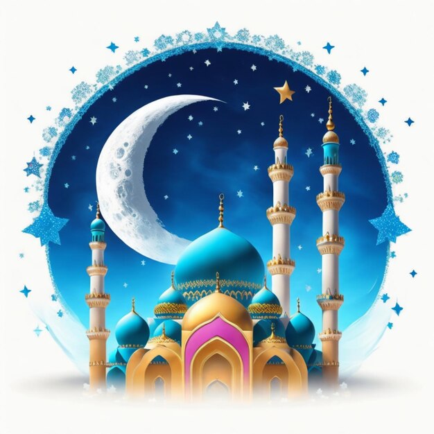 Una moschea blu con una falce di luna e stelle su uno sfondo bianco