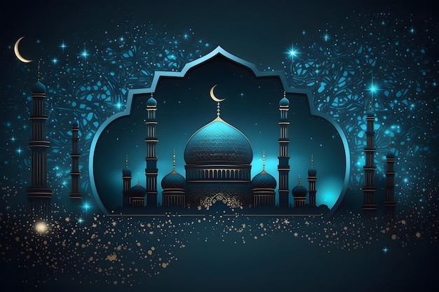 Una moschea blu con una falce di luna su uno sfondo blu scuro.