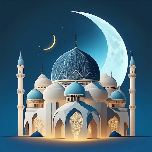 Una moschea blu con una luna e una luna sullo sfondo