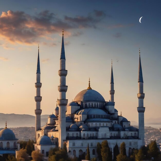 Una moschea blu con una mezzaluna sullo sfondo