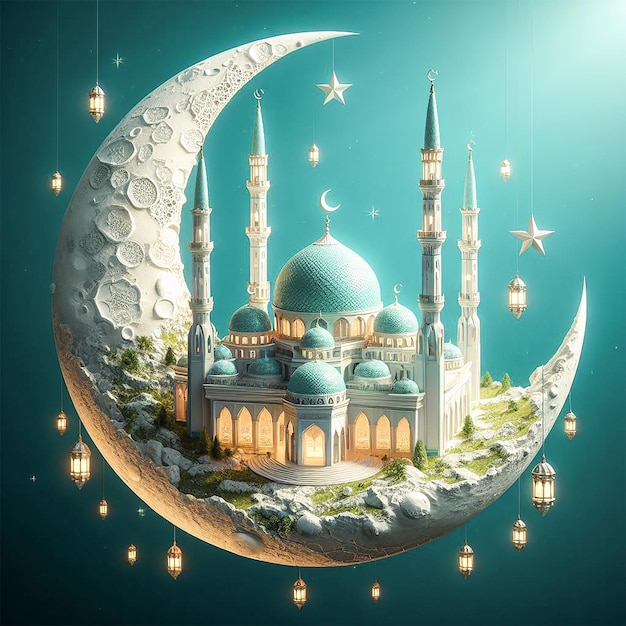 una moschea blu con uno sfondo blu e una luna al centro