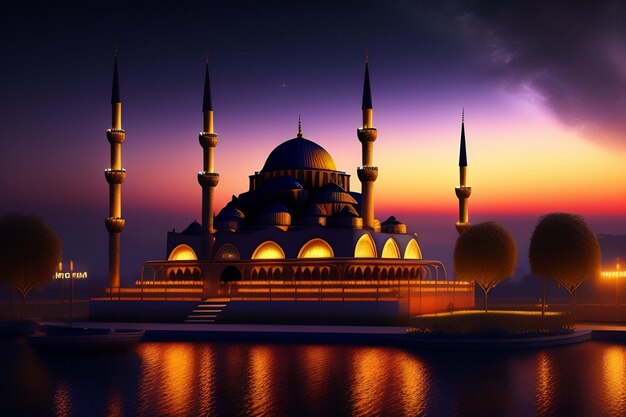Una moschea blu di sera con un cielo viola e la luna alle spalle