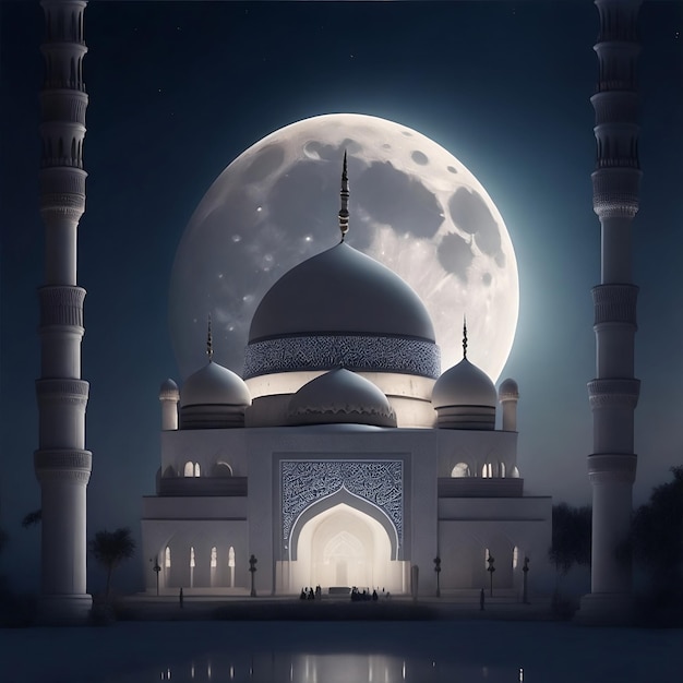 Una moschea blu e bianca con la luna piena sullo sfondo