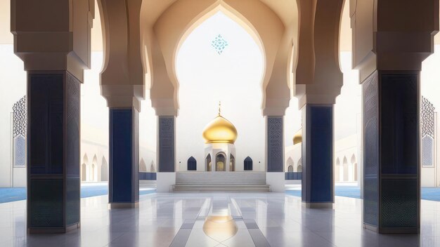 Una moschea con colonne blu e una cupola sullo sfondo