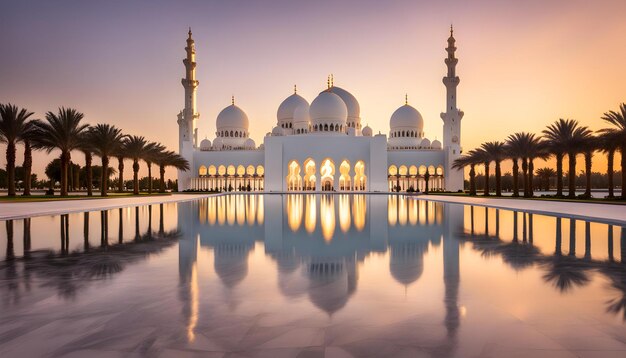 una moschea con il riflesso di un edificio nell'acqua