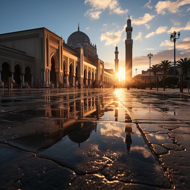 una moschea con il riflesso di una moschea nell'acqua