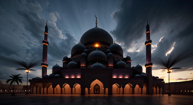 Una moschea con le luci sul tetto e il cielo alle spalle