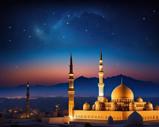 una moschea con un cielo stellato e stelle sullo sfondo
