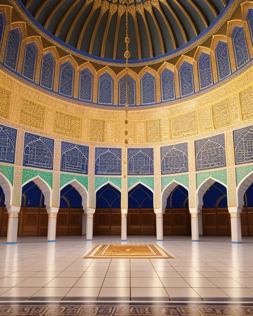 Una moschea con un disegno blu e oro sulla parte superiore.