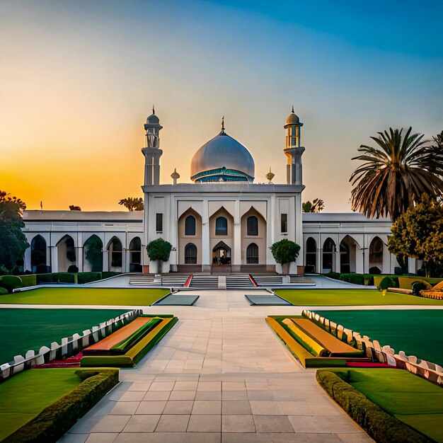 Una moschea con un prato verde e davanti una palma ai generativa