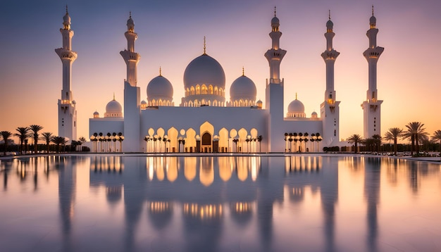 una moschea con un riflesso del cielo e del sole che si riflette sull'acqua
