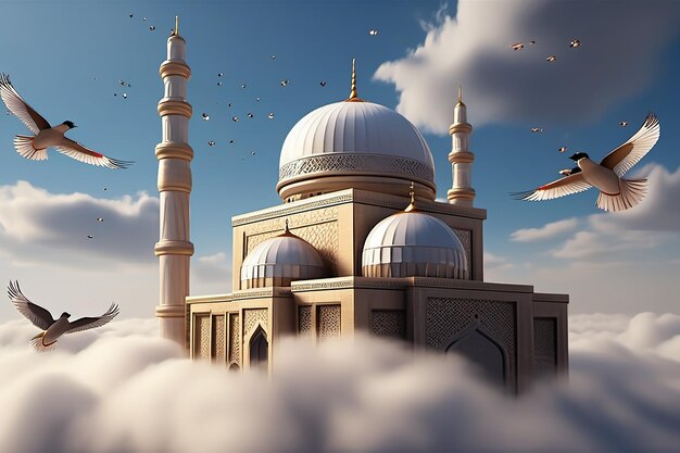 una moschea con un uccello che vola nel cielo e uccelli che volano sopra di esso
