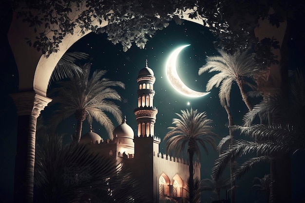 Una moschea con una falce di luna di notte