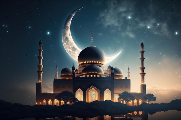 Una moschea con una falce di luna sullo sfondo