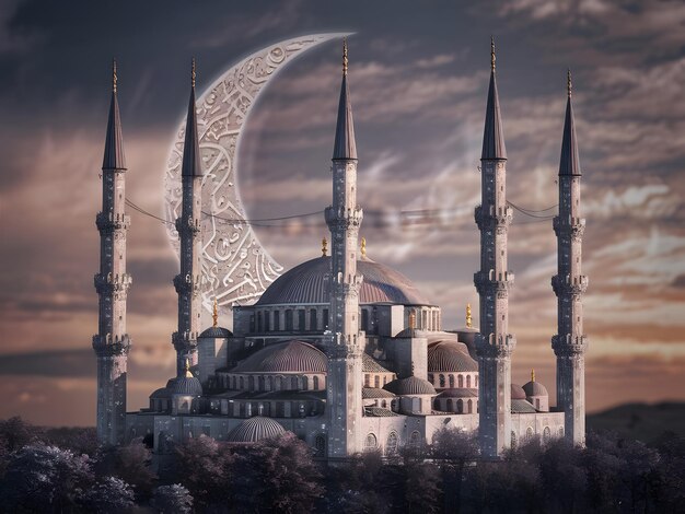 Una moschea con una luna e la luna sullo sfondo