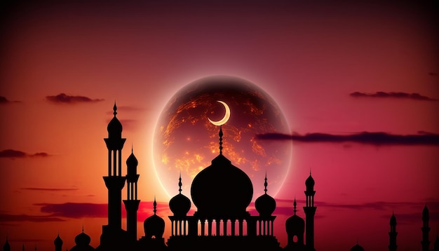 Una moschea con una luna e la luna sullo sfondo