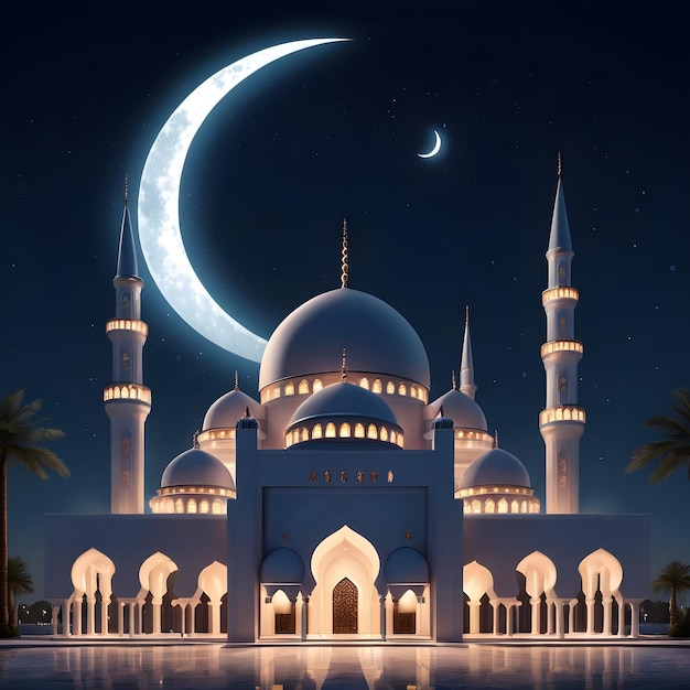 una moschea con una luna e palme sullo sfondo