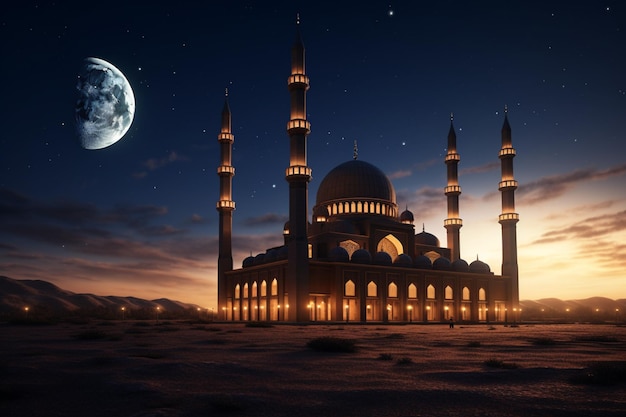 Una moschea con una luna nel cielo
