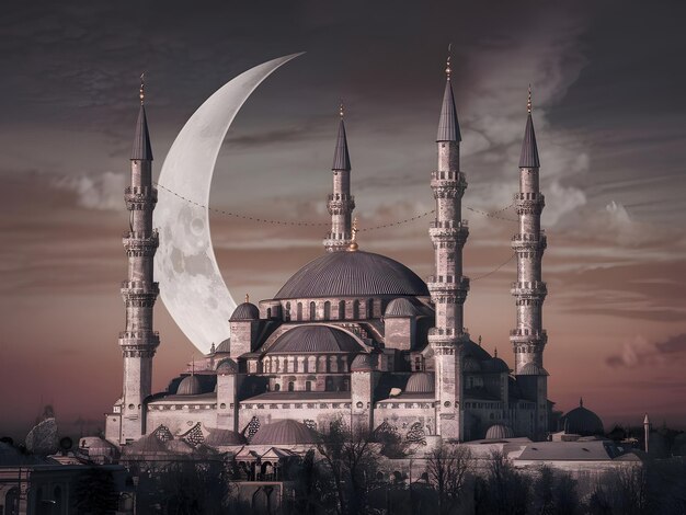 Una moschea con una luna sullo scenario e la luna sullo scenario