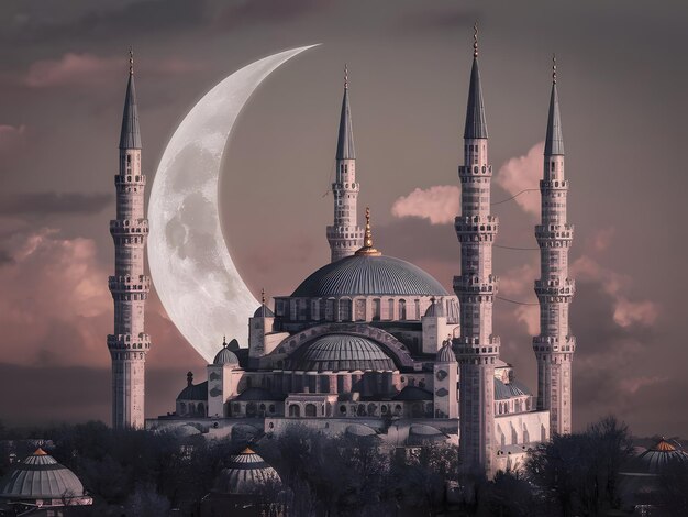 una moschea con una luna sullo scenario e la luna sullo scenario