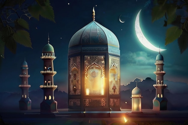 una moschea con una luna sullo sfondo