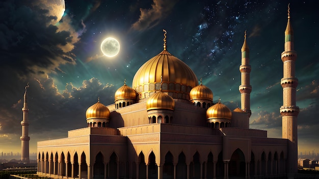 Una moschea con una luna sullo sfondo