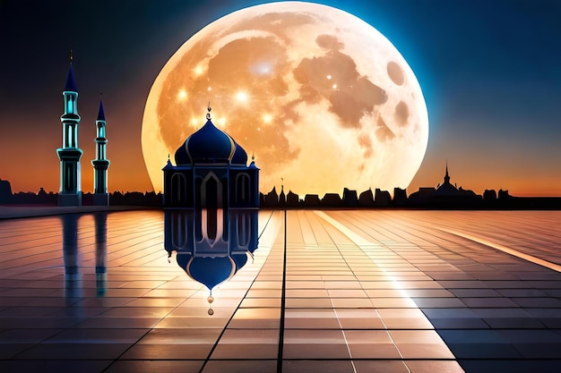 una moschea con una luna sullo sfondo