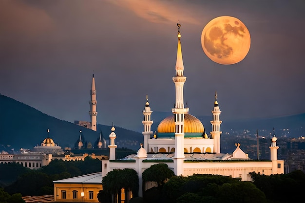 una moschea con una luna sullo sfondo