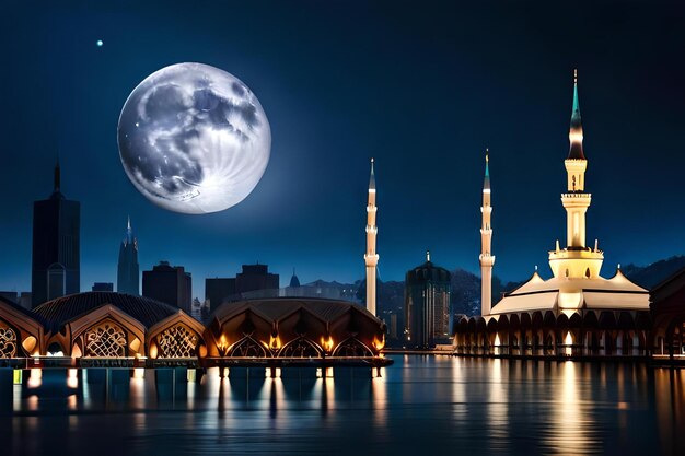 una moschea con una luna sullo sfondo