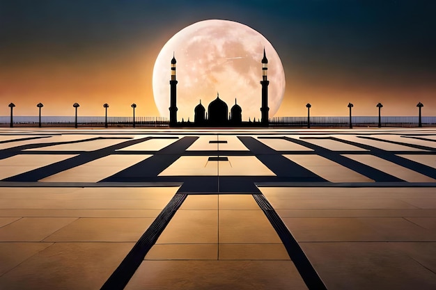 una moschea con una luna sullo sfondo