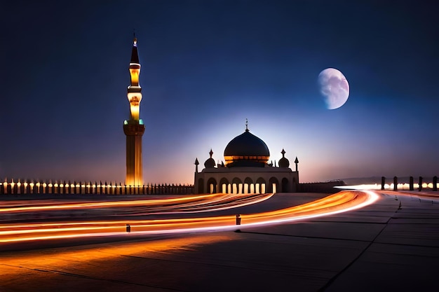 Una moschea con una luna sullo sfondo