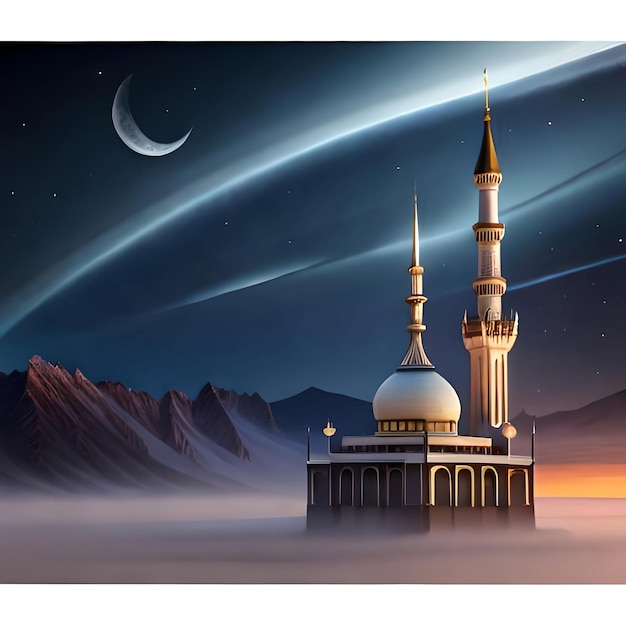 Una moschea con una luna sullo sfondo