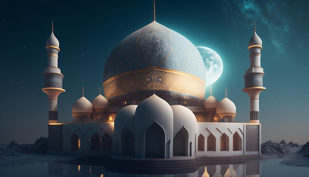 Una moschea con una luna sullo sfondo