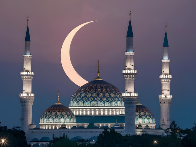 Una moschea con una mezzaluna sullo sfondo e una mezzalune sullo sfondo