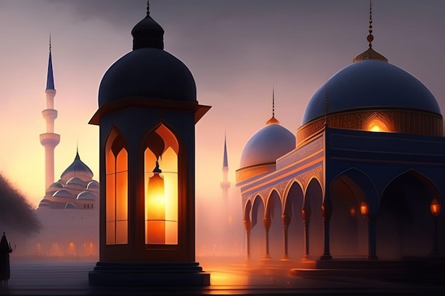 Una moschea di sera con il sole che tramonta dietro di essa.