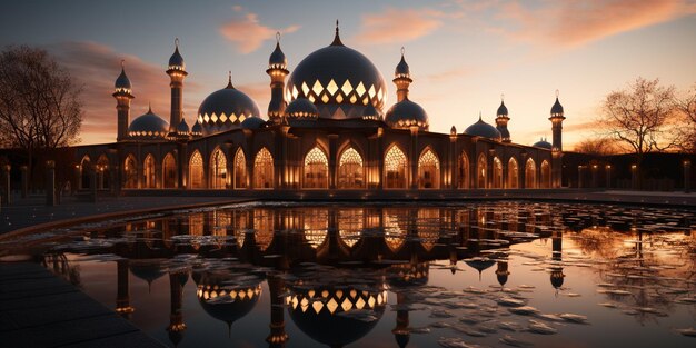 Una moschea di sera con la luna sullo sfondo