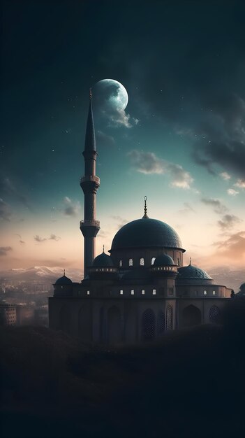 Una moschea e la luna con un cielo nuvoloso sullo sfondo IA generativa