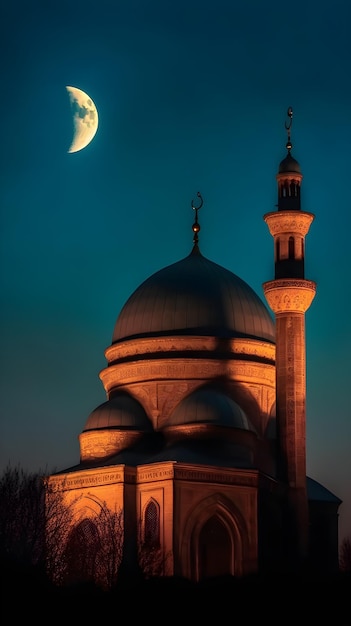 Una moschea e la luna nel cielo notturno IA generativa