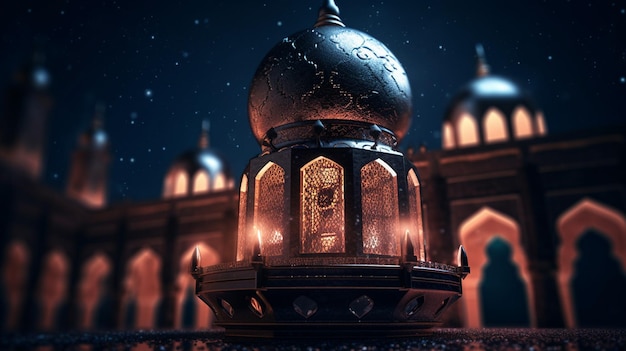 Una moschea illuminata con una cupola al centro.