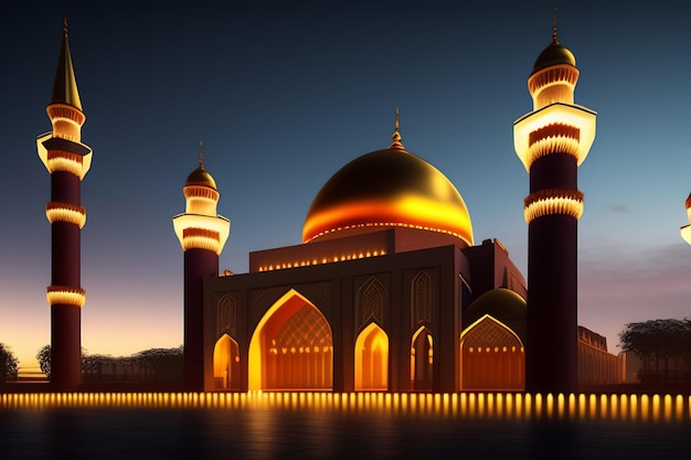 Una moschea illuminata con una cupola d'oro e la parola amore sopra.