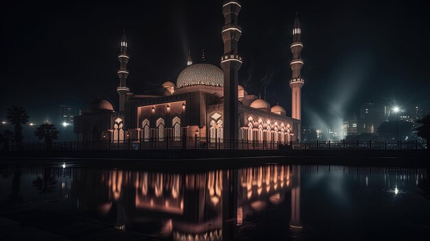 Una moschea illuminata durante le notti del Ramadan Una moschea illuminata nell'oscurità