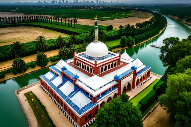 Una moschea in mezzo a un campo verde